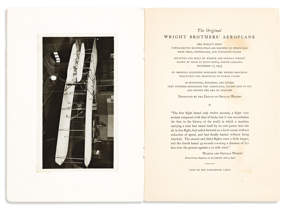 (AVIATION.) Ceremonies Attending the Presentation of the Wright Brothers Aeroplane of 1903 by the Estate of Orville Wright.